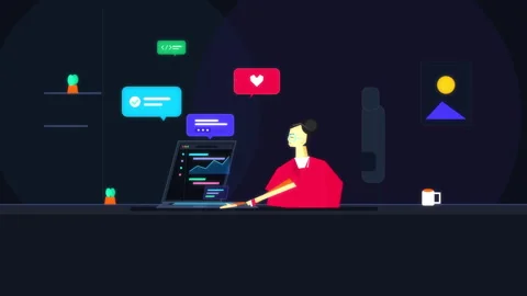 Pixel art animation of person coding on laptop with social notifications Stock-Footage 346550543