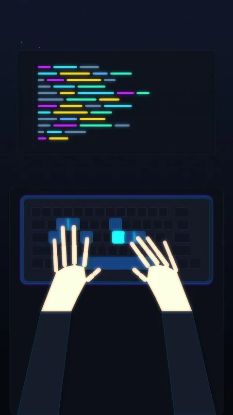 Pixel art animation programming coding hands typing keyboarding dark Video stock 346873997