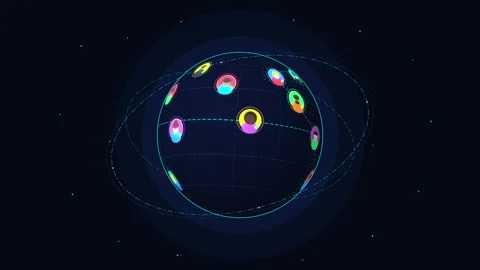 Pixel art animation of rotating globe with connected neon avatars loop Stock Footage 346550574