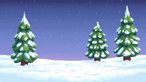 Pixel art animation snow covered pine trees in a snowfall. Stock Footage 322221350