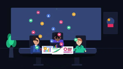 Pixel art animation team analytics metrics charts social media icons Stock Footage 346550608