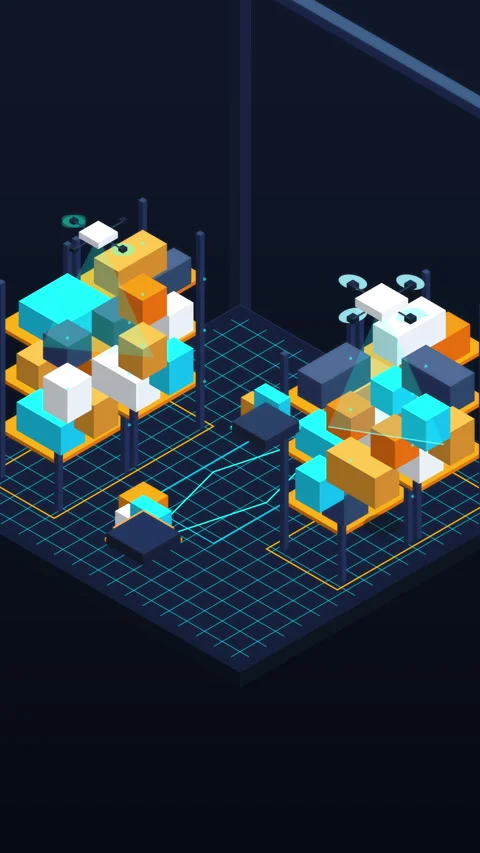 Pixel art animation warehouse isometric futuristic cargo logistics loop Stock Footage 346545135