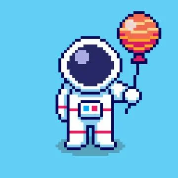 Pixel art Astronaut Holding Planet Balloon game asset design Stock Illustration