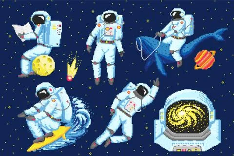 Pixel art astronaut. Spaceman 8 bit objects. Space art, digital icons. cosmonaut Illustrazione stock