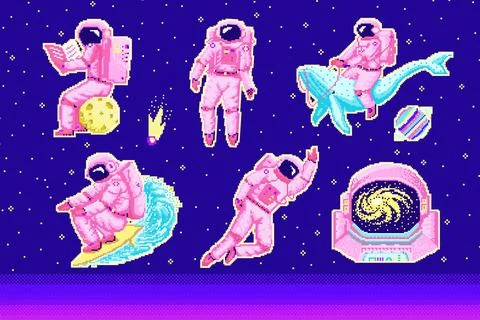 Pixel art astronaut. Spaceman 8 bit objects. Space art, digital icons. cosmonaut Stock Illustration