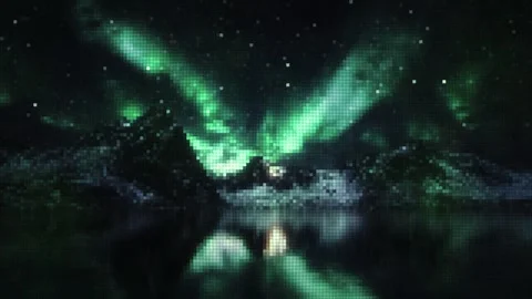 Pixel art aurora borealis over mountains. Retro 8-bit green northern lights Stock Footage 341748382