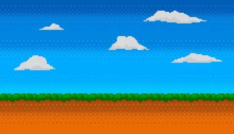 Pixel art background with grass, sky and clouds. Retro 8 bit video game screen Illustrazione stock