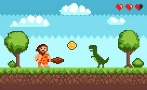 Pixel art background with primitive man and dinosaur. Pixelated scene with Illustrazione stock