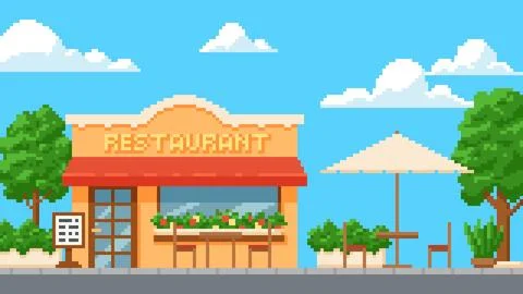 Pixel art background with restaurant building facade, outdoor tables, trees Ilustración de archivo