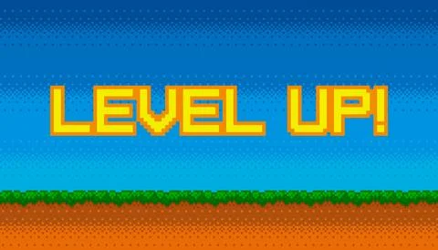 Pixel art banner with Level Up text and outdoor landscape background. Colorful Stock Illustration