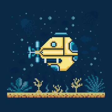 Pixel Art Bathyscaphe on Seabed Landscape Stock Illustration