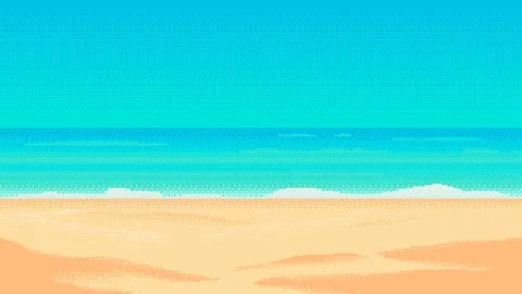 Pixel art beach background. 2d backdrop for 8-bit retro video game. Illustrazione stock