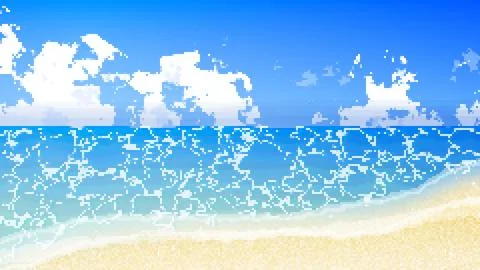 Pixel Art Beach Background with Blue Ocean for Retro Game Design Stock Illustration