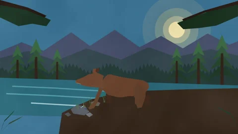 Pixel art bear drinking water in forest landscape animation background Stock Footage 346739394