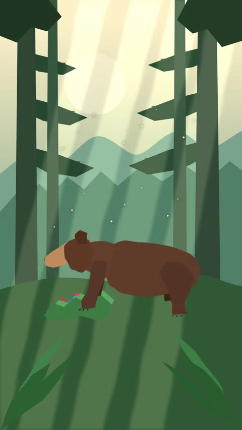Pixel art bear in forest vector animation loop with sun rays and trees Stock Footage 346739403