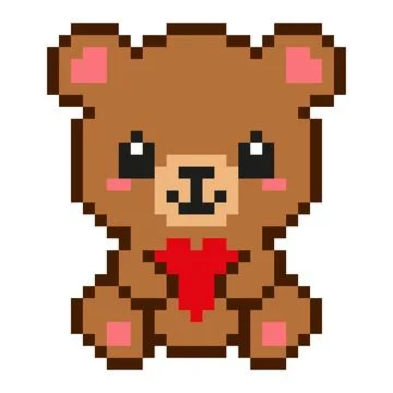 Pixel art bear holding a red heart isolated on white background. Stock Illustration