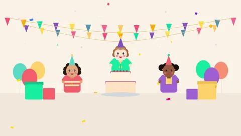 Pixel art birthday animation with cake, balloons, confetti and kids Stock Footage 346543434