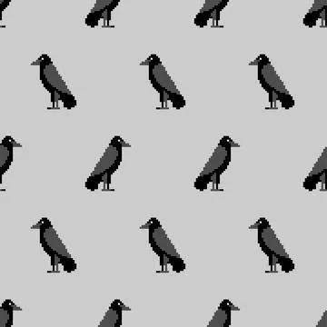 Pixel art Black Raven Pattern seamless. pixelated Black crow symbol of death  Stock Illustration