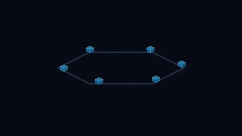 Pixel art blue cubes arranged in a hexagon shape on a solid black background Stock Footage 339618815