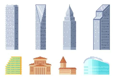 Pixel art buildings set. Pixelated houses for games icons, skyscrapers and Ilustración de archivo