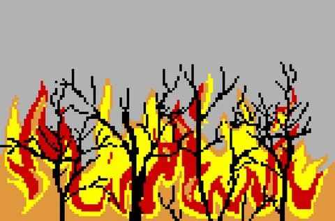 Pixel art of a burning forest, black burnt trees on the background of a fire , Stock Illustration