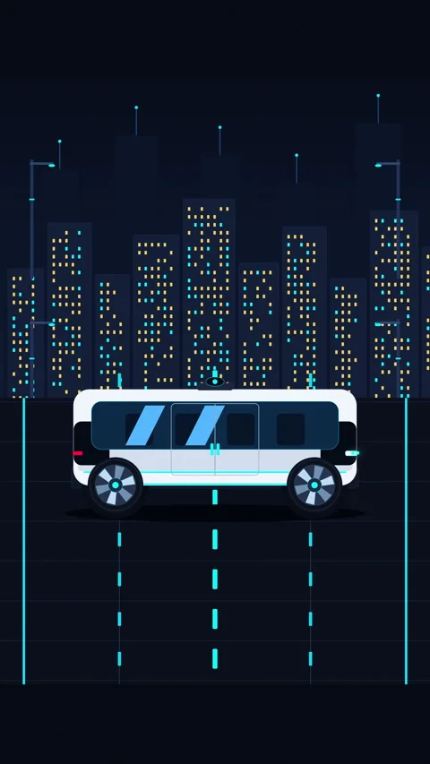 Pixel art bus driving through futuristic neon city night animation Stock Footage 347207589