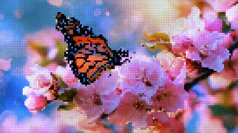 Pixel Art Butterfly on Pink Cherry Blossom Branch Motion Graphic Stock Footage 342925115