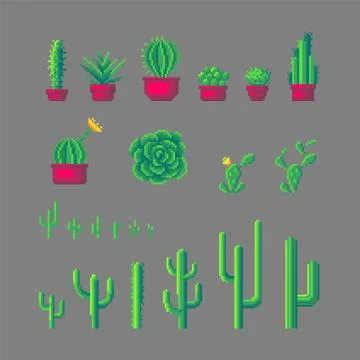 Pixel art cactus set. Stock Illustration