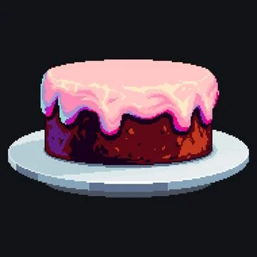 Pixel Art Cake with Pink Icing on Plate - Vector Dessert Illustration Stock Illustration