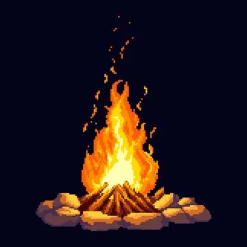 Pixel art of a campfire with bright flame and firewood surrounded by stones Stock-Illustration