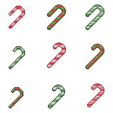 Pixel art candy cane collection. Christmas sweetmeats design embroidery set.. Illustrazione stock