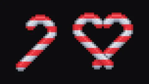Pixel art candy cane with heart shaped pair. Pixel design embroidery. Vecto.. Ilustração Stock