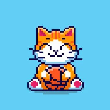 Pixel art Cat Playing with Ball game asset design Stock Illustration