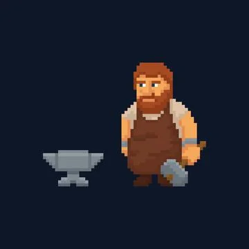 Pixel art character - blacksmith with hammer and anvil Stock Illustration