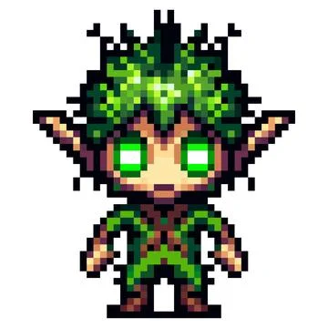 Pixel art character forest elf with large pointed ears, glowing green eyes, l Ilustración de archivo