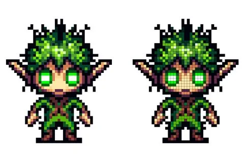 Pixel art character forest elf with large pointed ears, glowing green eyes,.. Stock Illustration