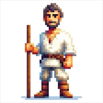 Pixel art character wanderer with dark hair and a beard, wearing a white tu.. Stock Illustration
