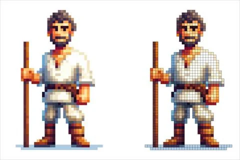 Pixel art character wanderer with dark hair and a beard, wearing a white tuni Stock Illustration