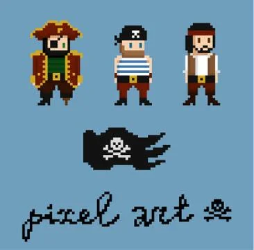 Pixel art characters set. Pirate crew members - captain, cabinboy. Black pirate Stock Illustration