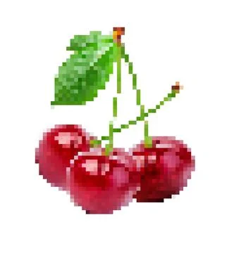 Pixel art cherries with green leaf transparent background Stock Illustration