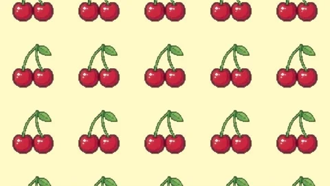 Pixel art cherries pulse in a checkerboard grid on soft yellow, retro game Stock Footage 344322615