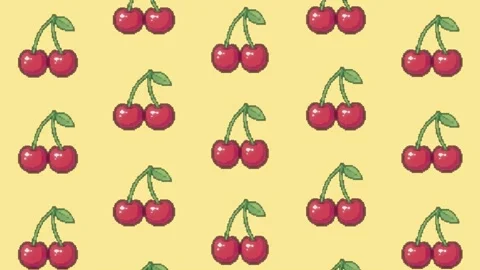 Pixel art cherries spin and align like slot machine reels on yellow background Stock Footage 343909081