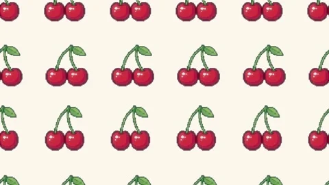 Pixel art cherry rows shift in opposing directions across a cream backdrop Stock Footage 345275733