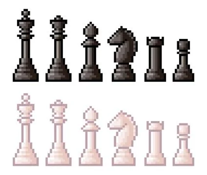Pixel art chess figures. Pixelated illustration of chessmen collection Stock Illustration