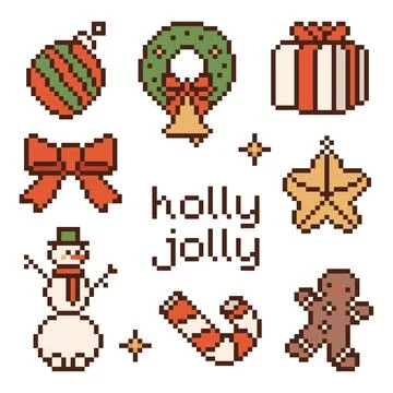 Pixel art Christmas elements clip art set. 8-bit vintage video game style Stock Illustration