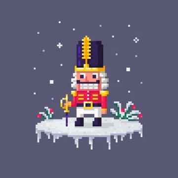 Pixel art Christmas nutcracker in red suit. Stock Illustration