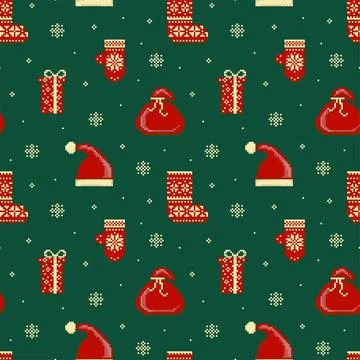 Pixel Art Christmas Pattern with Santa Hat Stock Illustration