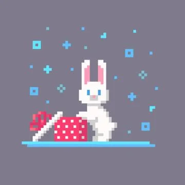 Pixel art Christmas rabbit opened the box. Stock Illustration