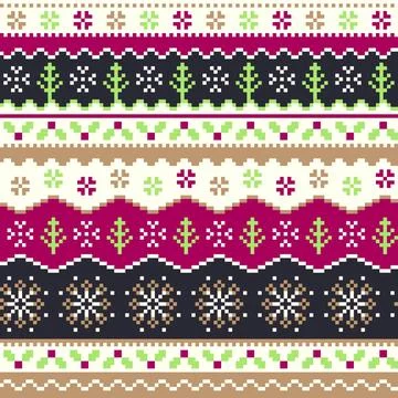 Pixel Art Christmas Sweater Pattern with Nordic Holiday Ornament Design Stock-Illustration