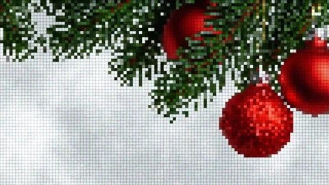 Pixel art Christmas tree branch with red ornaments on snowy background Stock Footage 344655291